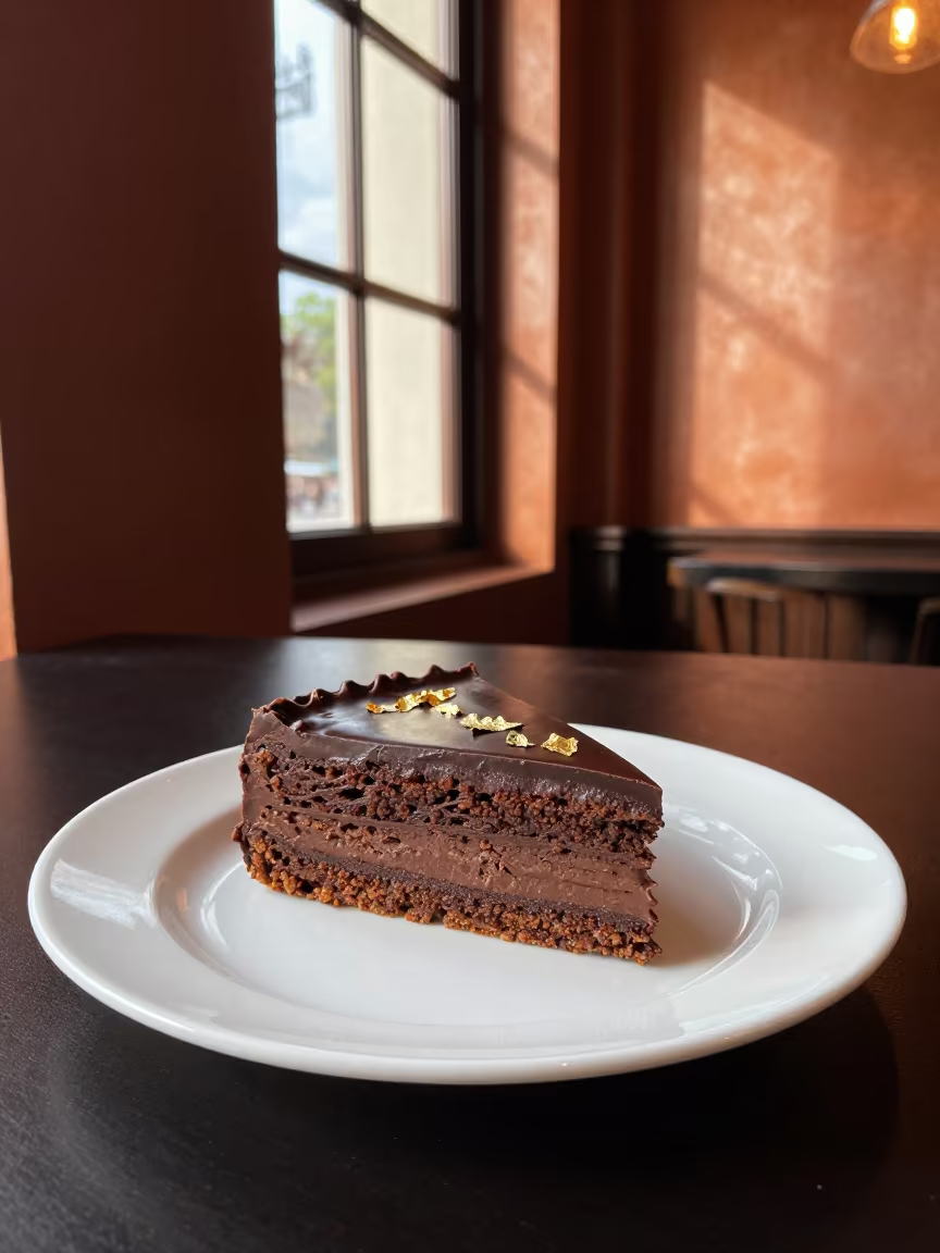 Austrian Sachertorte Slice with Gold Leaf in on a ceramic plate by a window in Bangalore