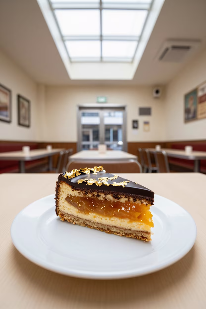 Austrian Sachertorte Slice with Gold Leaf in at a roadside diner table in Seoul