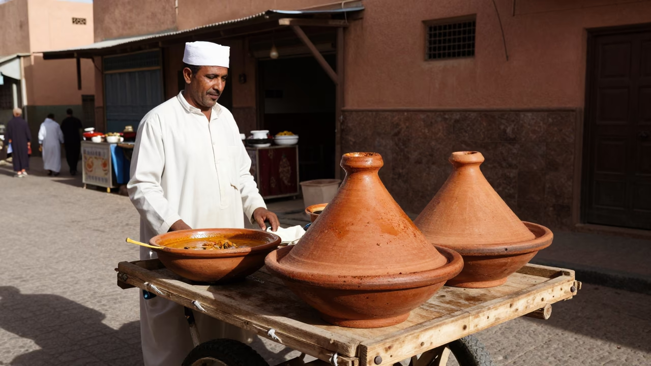 Authentic Moroccan Street Scene in Marrakech With Traditional Clay Tagine and Spices in in Marrakech, Morocco