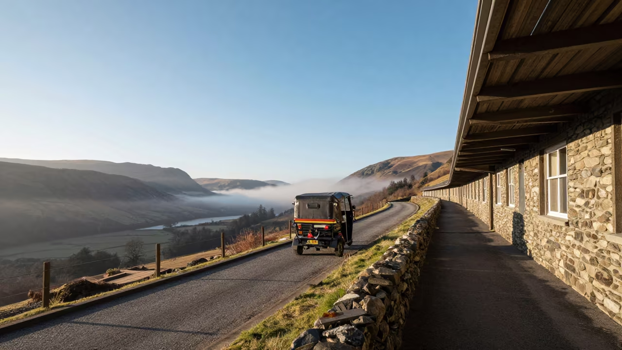 Auto Rickshaw on Lake District Switchback in along a switchback approach in the Lake District