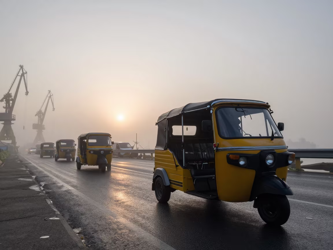 Auto Rickshaw Navigating Foggy Nile Delta Dawn in beside a fogbound harbor mouth in the Nile Delta