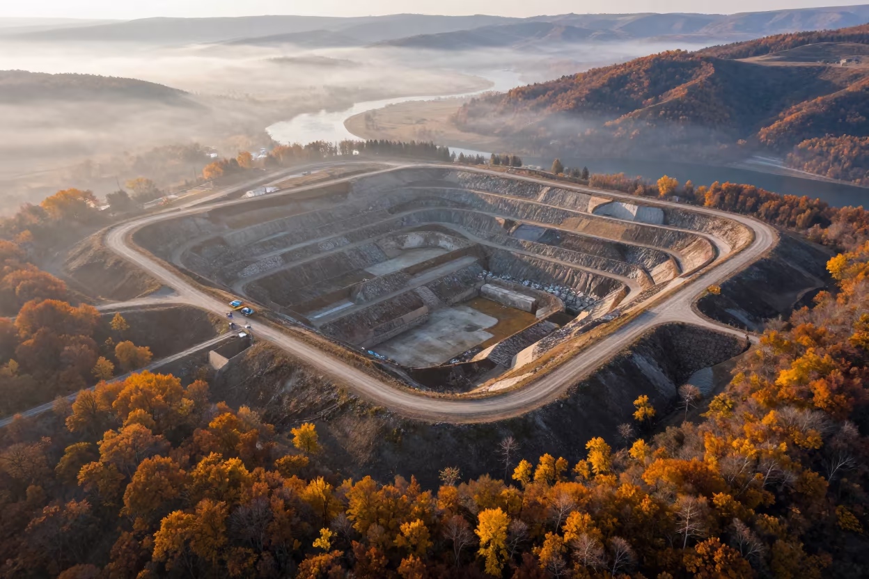 Autumn Aerial View of Landfill Cells Over River in far above river meanders near Ankara