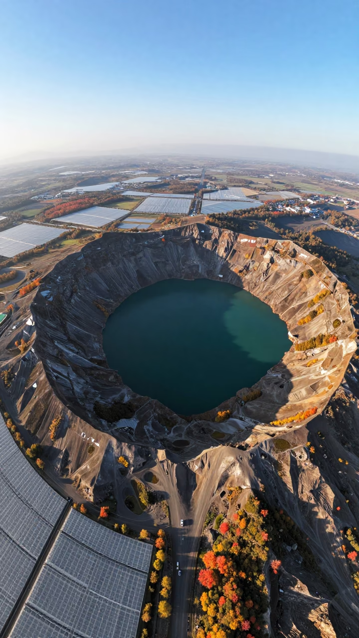 Autumn Aerial View of Volcanic Caldera Lake in high over greenhouse grids near Bishkek