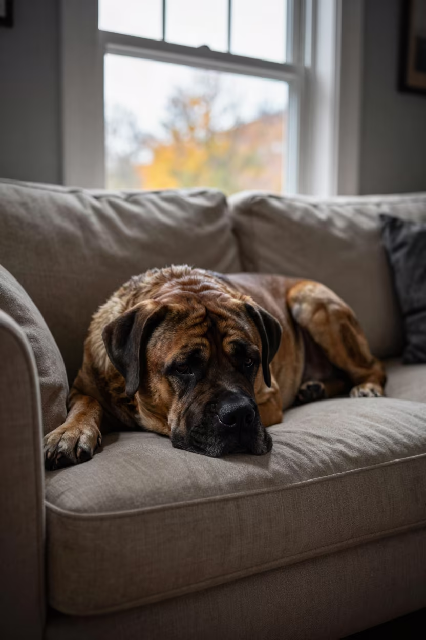 Autumn Afternoon Bullmastiff Resting on Linen Sofa in on a linen sofa with daylight from a nearby window near Limerick