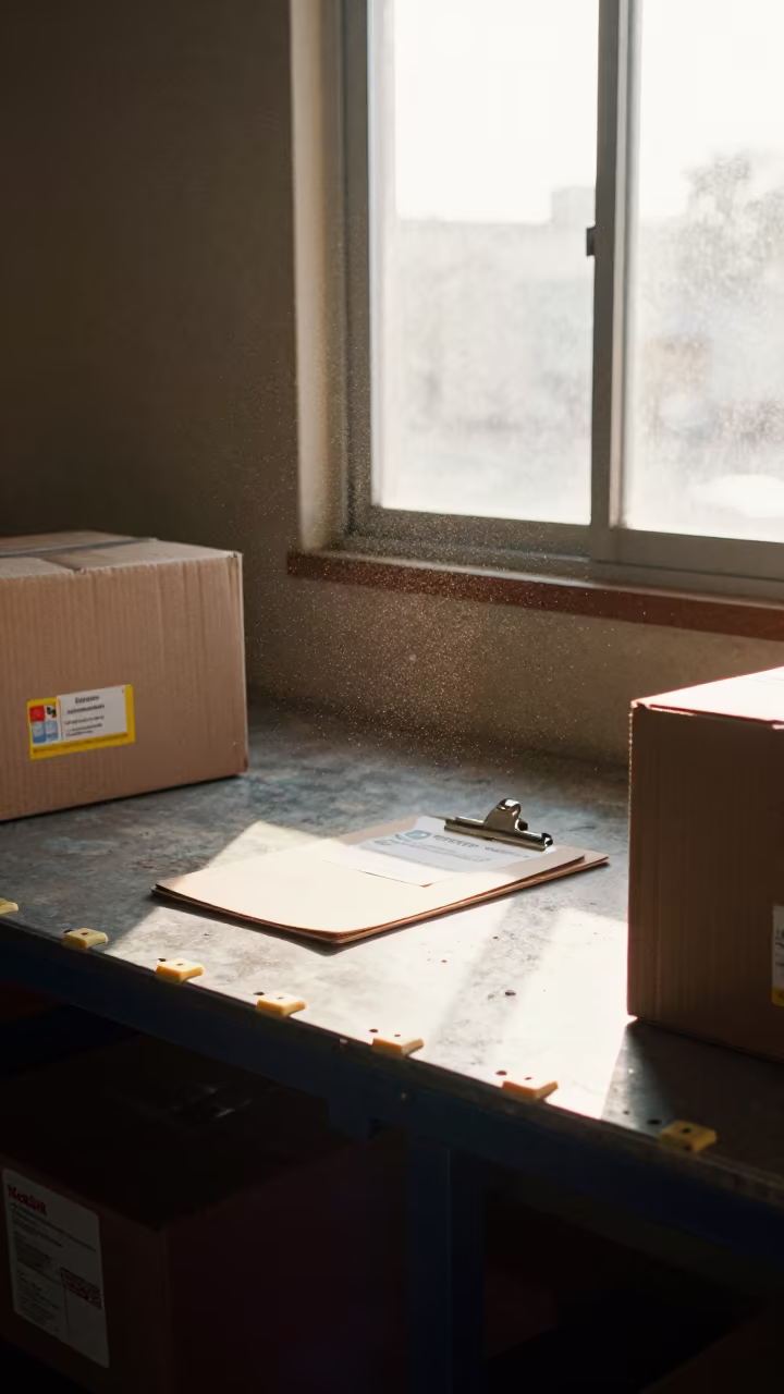 Autumn Afternoon Logistics Table in Torreón Warehouse in at a fulfillment packing station near Torreón
