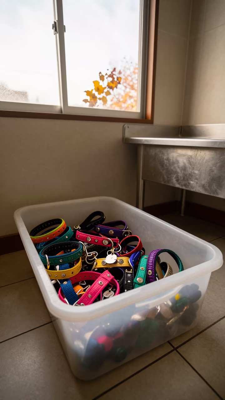 Autumn Afternoon Pet Collar Bin in Sendai Grooming Bay in inside a grooming bay in Sendai