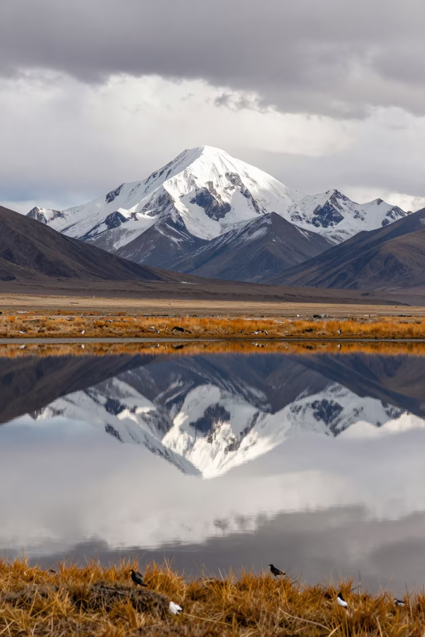 Autumn Alpine Lake Reflects Snowy Peak in near Barkhor, Lhasa