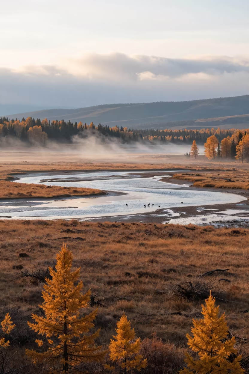 Autumn Alpine Meadow Mist Over Colorado Tidal Shallows in across a wide valley floor in Colorado