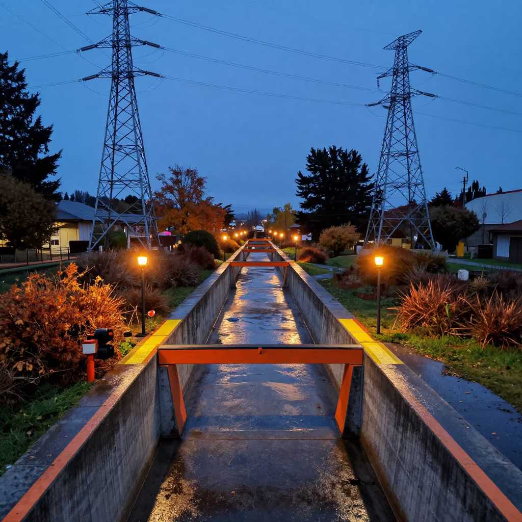 Autumn Aqueduct Warning Paint Blue Light in beneath transmission towers near Bariloche