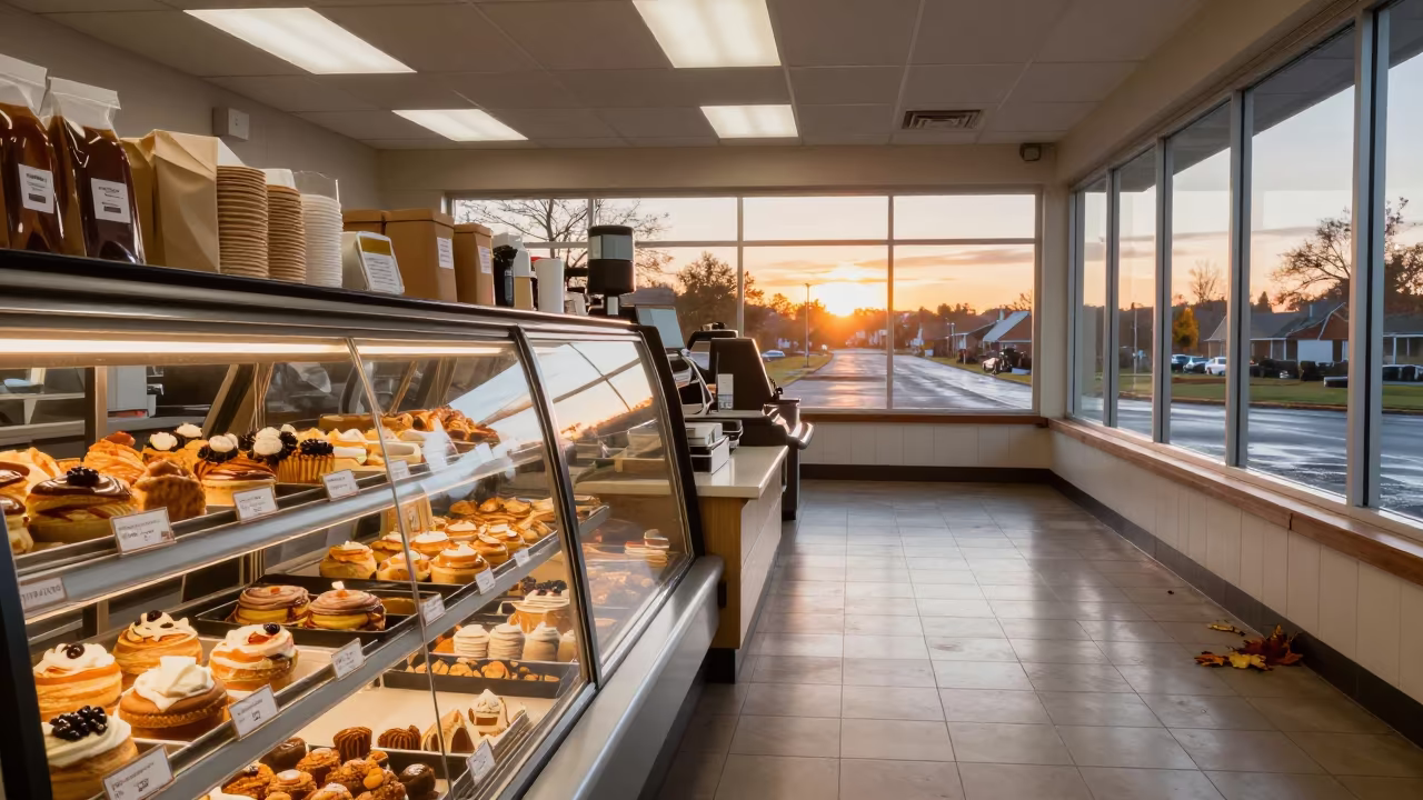 Autumn Bakery Counter After Rainy Rush Sunset in at a checkout lane under flat store light near Plymouth