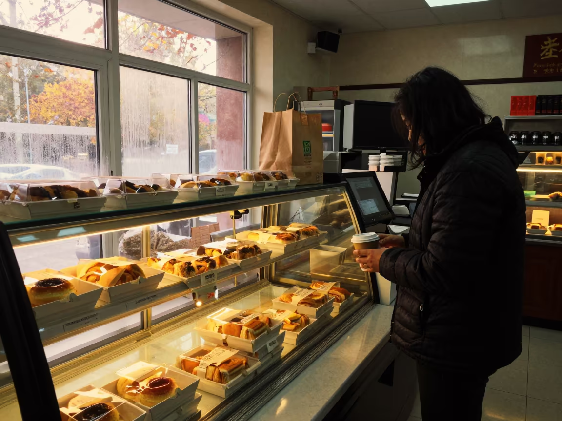 Autumn Bakery Takeaway Line in Xining Shop in at a checkout lane under flat store light in Xining