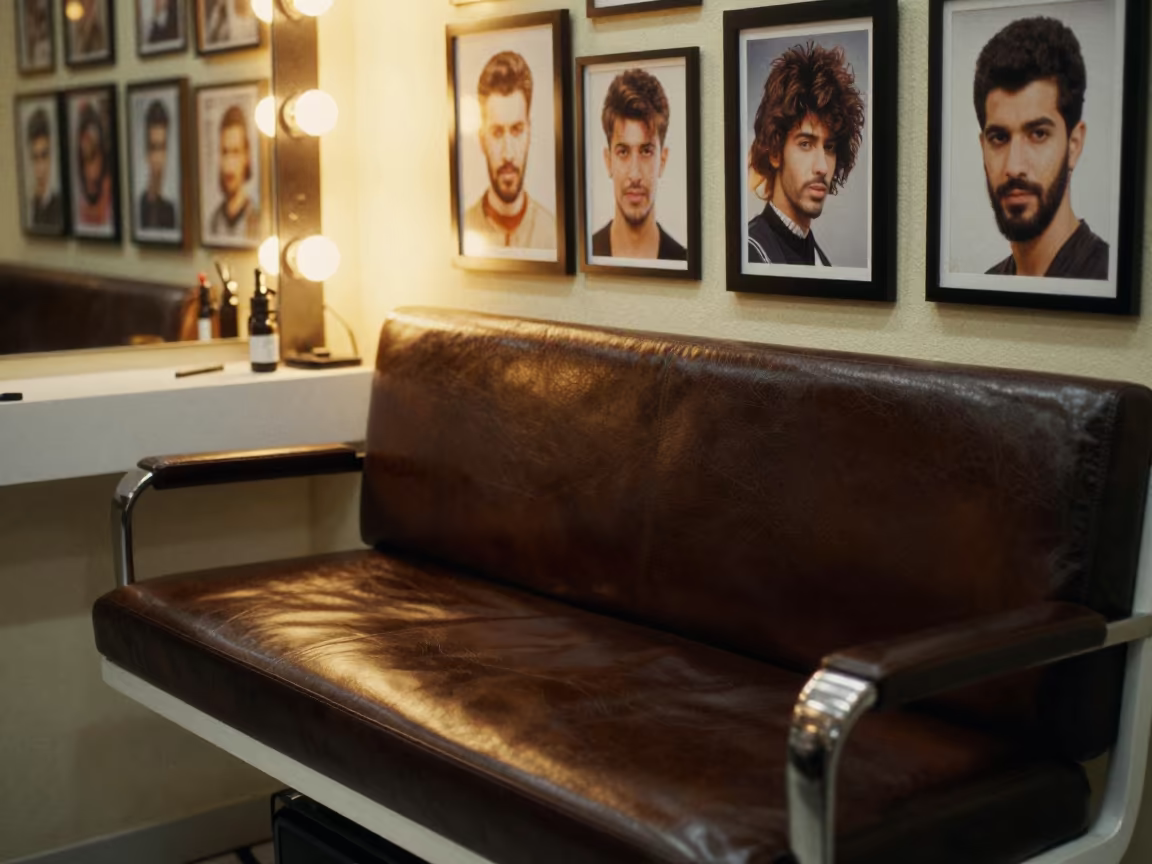 Autumn Barber Shop Bench Under Warm Firelight in at a barber station beneath mirror bulbs in Ismailia