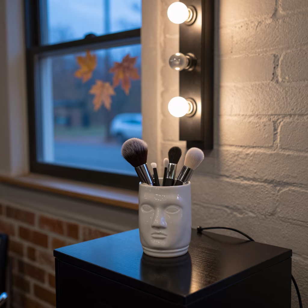 Autumn Barber Station Brush Cup Restock in at a barber station beneath mirror bulbs in Spotsylvania County