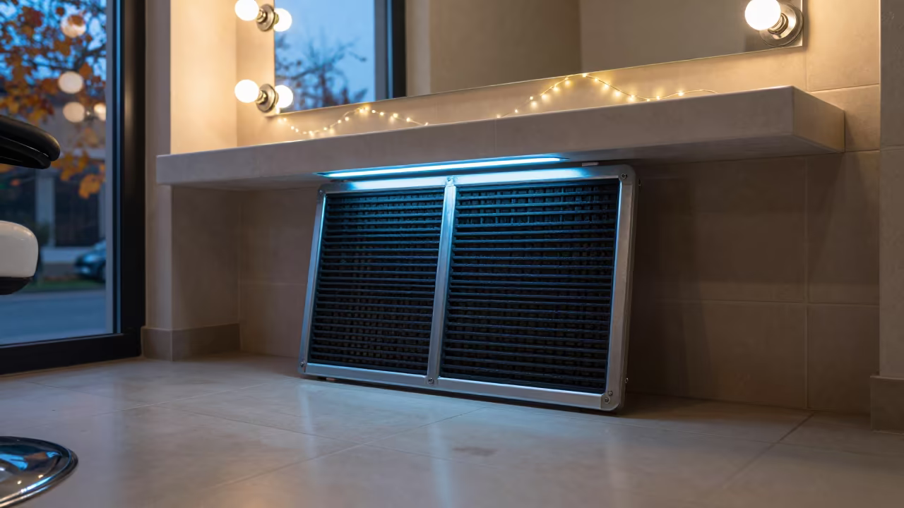 Autumn Barber Station with Dryer Hood Filter in at a barber station beneath mirror bulbs in Zakho