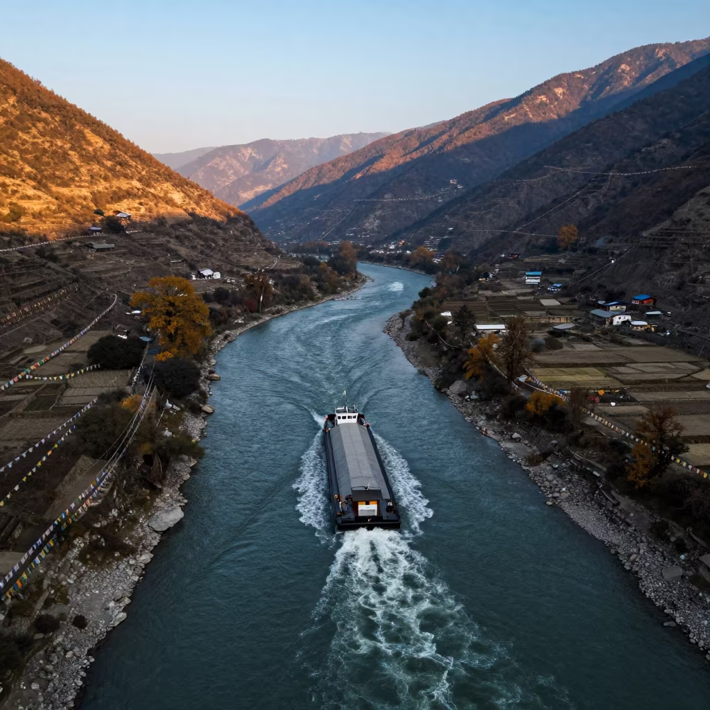 Autumn Barge Wakes High Mountain Pass Kathmandu in along a high mountain pass beneath prayer flags near Kathmandu