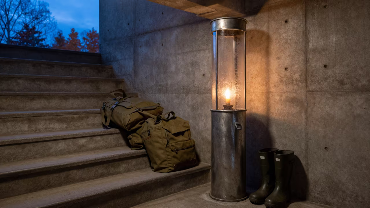 Autumn Barracks Map Stand Under Candlelight in inside a bunker stairwell in Hokkaido