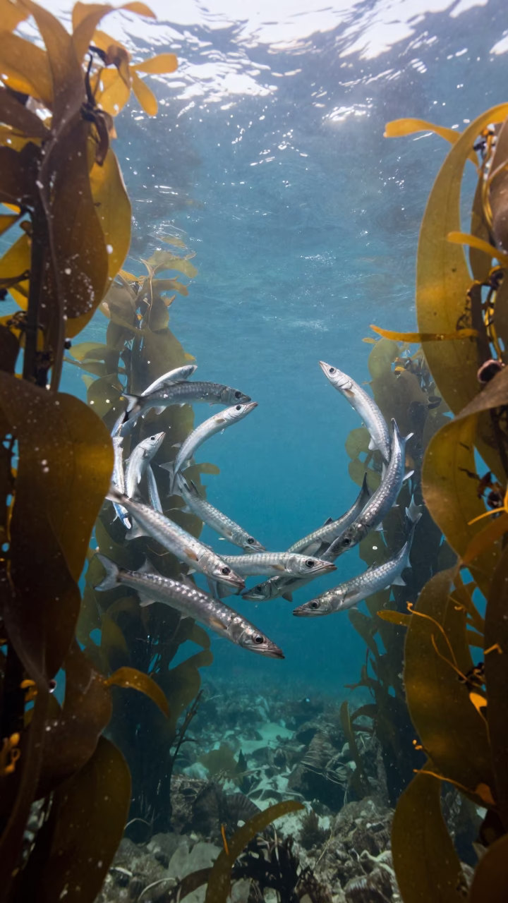 Autumn Barracuda Vortex in Dalmatian Kelp Waters in along a kelp-fringed shelf in Dalmatia