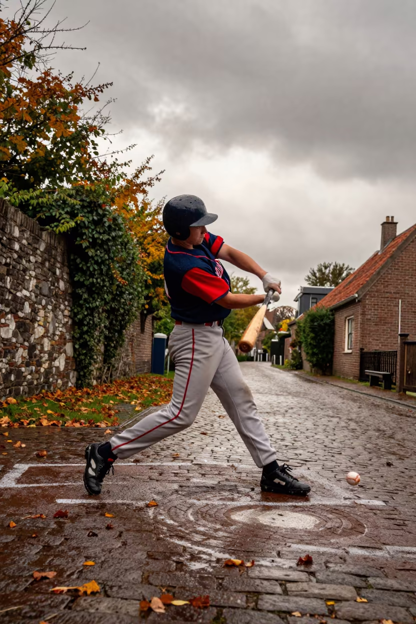 Autumn Baseball Batter Strikes Fastball in Village Lane in in a village lane near Mary