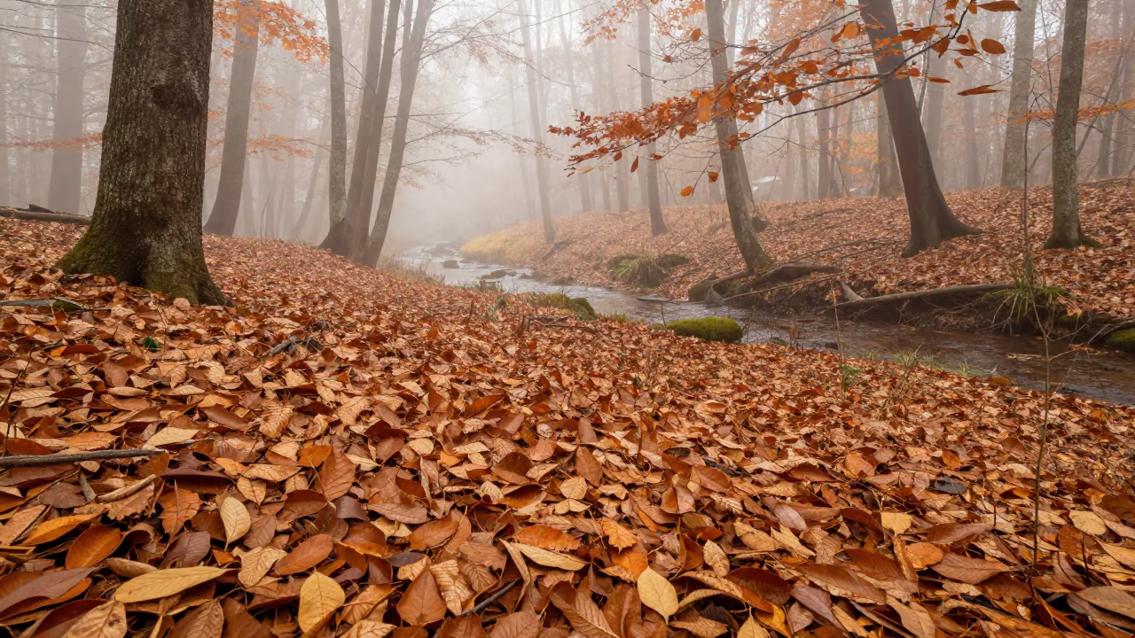 Autumn Beech Forest Floor with Copper Leaves in in Liberia