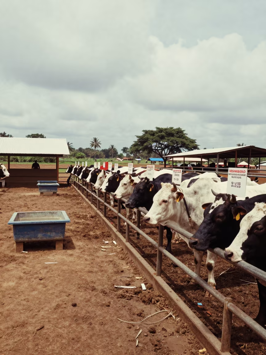 Autumn Beef Cattle Sale Yard Gambia in near a windbreak and water trough in Gambia