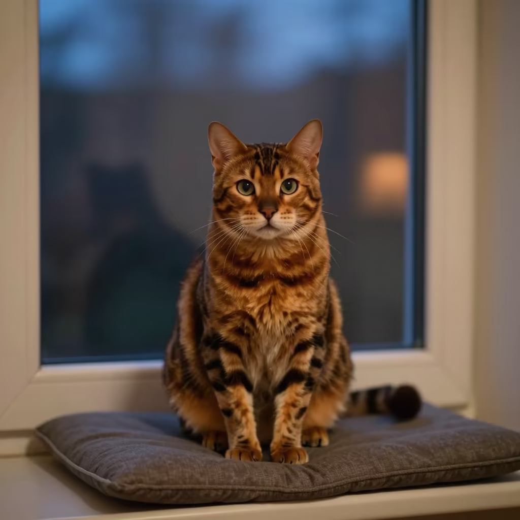 Autumn Bengal Longhair Portrait on Window Seat in on a cushioned window seat with soft side light and an uncluttered background in Prayagraj