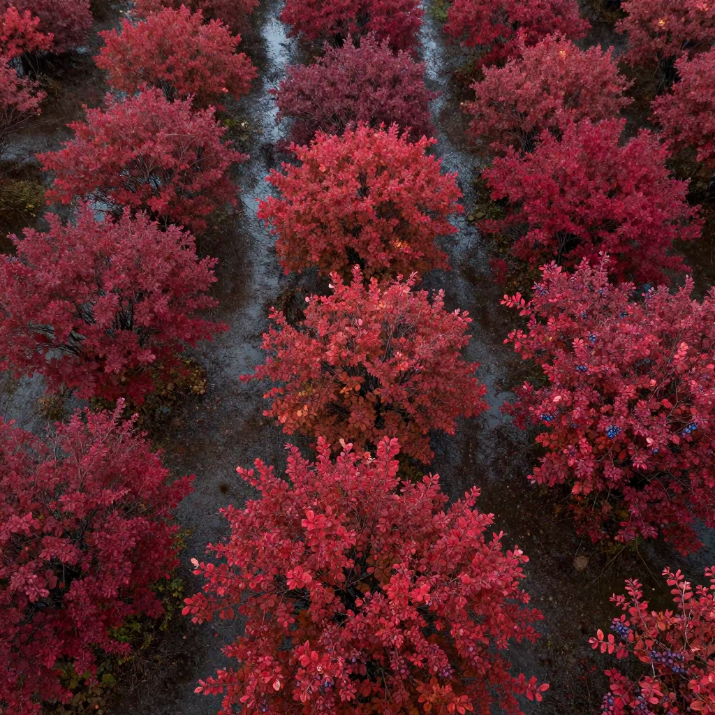 Autumn Blueberry Barrens Albania Aerial View in high above irrigation geometry in Albania