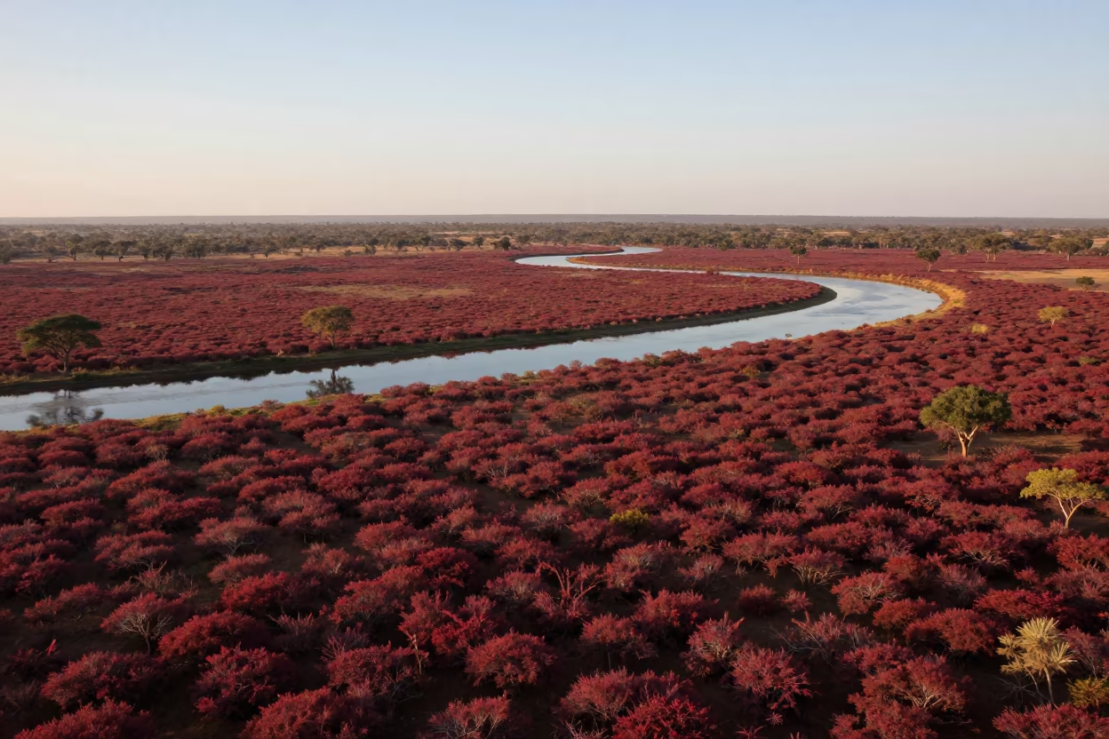 Autumn Blueberry Barrens Crimson Over Botswana River in far above river meanders in Botswana