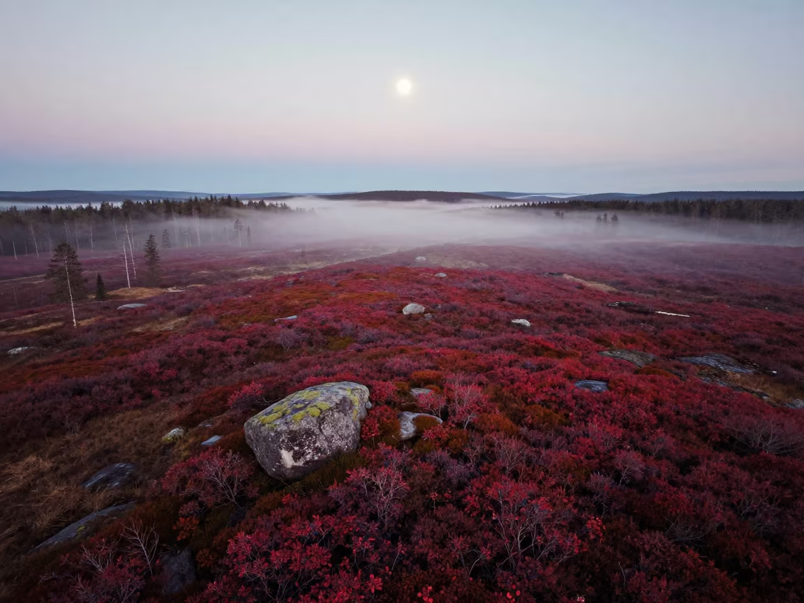 Autumn Blueberry Barrens Under Midnight Moonlight in near Jyväskylä