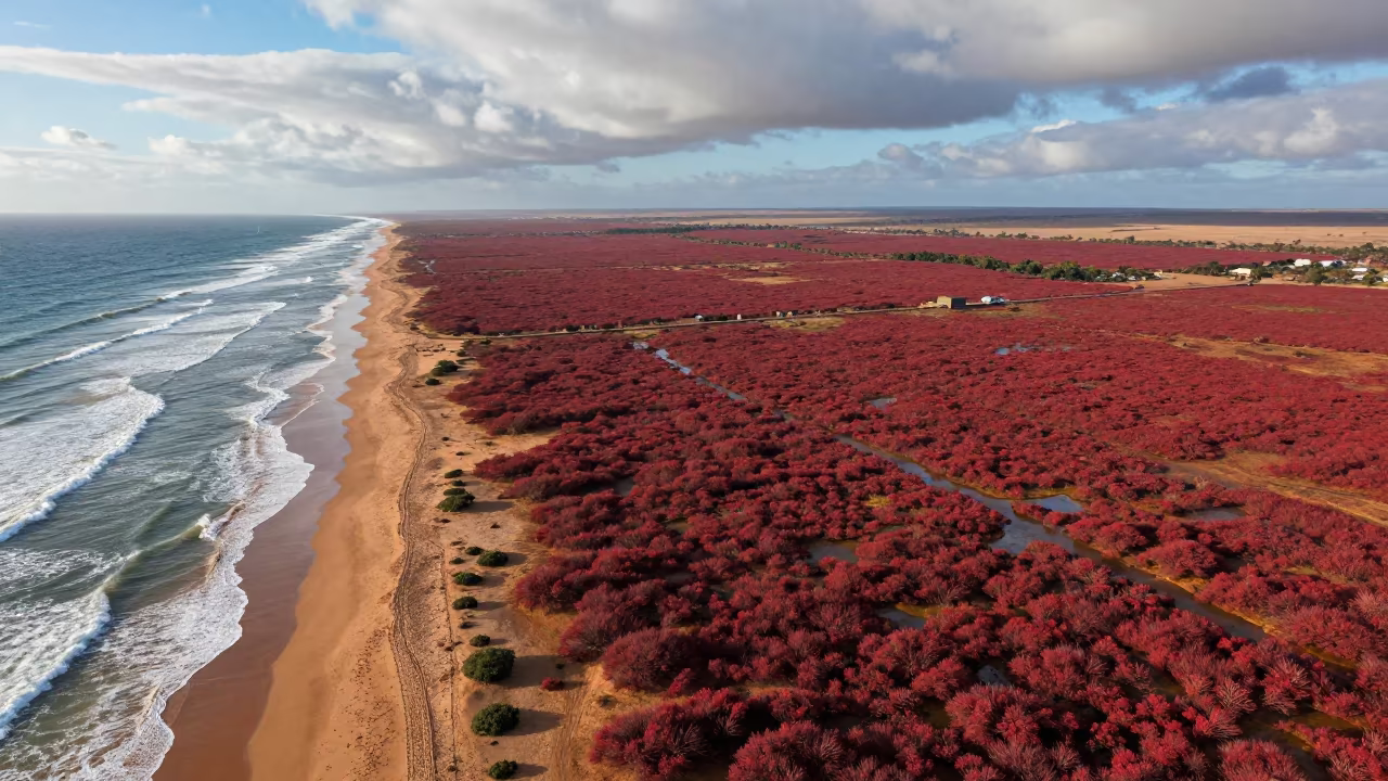 Autumn Blueberry Barrens Turn Crimson Near Coast in far above surf-scalloped coastline in Mauritania