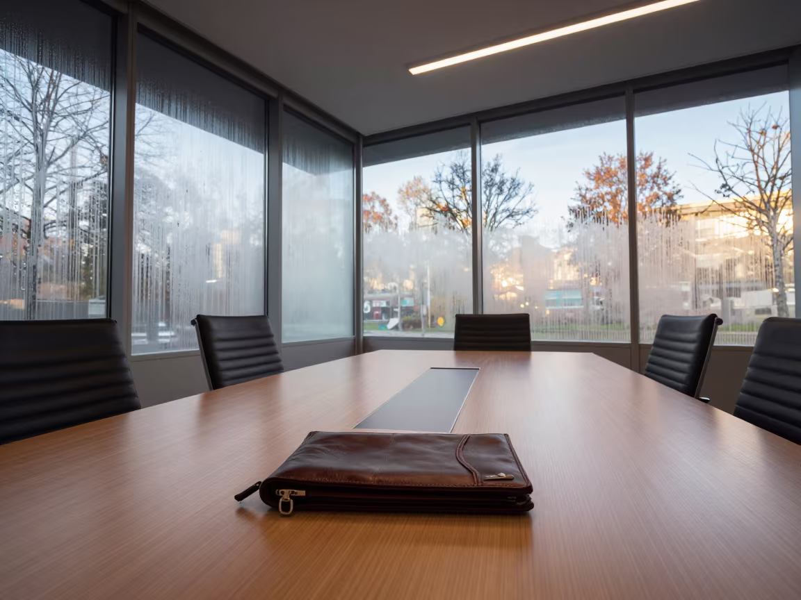 Autumn Boardroom with Glass Walls and Condensation in at a boardroom table before a meeting near Katowice
