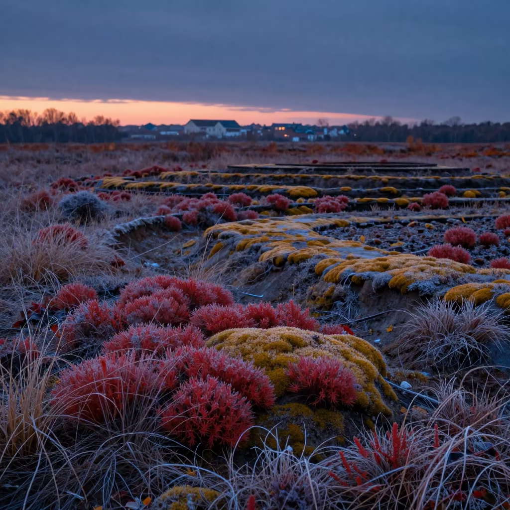 Autumn Bog Frost Near Tianjin Twilight in among terraced garden plots near Tianjin