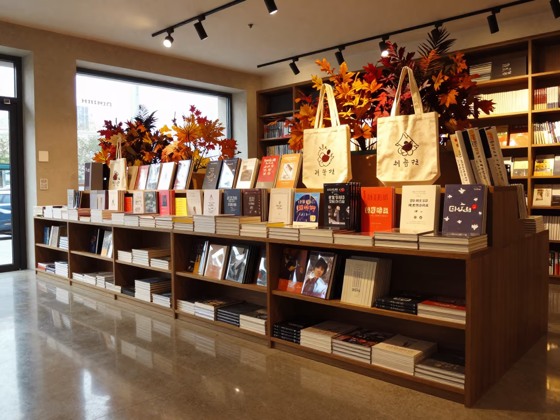 Autumn Book Launch Endcap in Gwangju Retail in beside a seasonal endcap near the sales floor near Gwangju