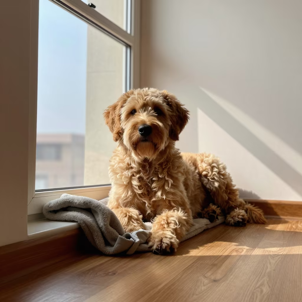 Autumn Briard on Lahore Window Seat in on a window seat in a quiet apartment with soft side light near Lahore