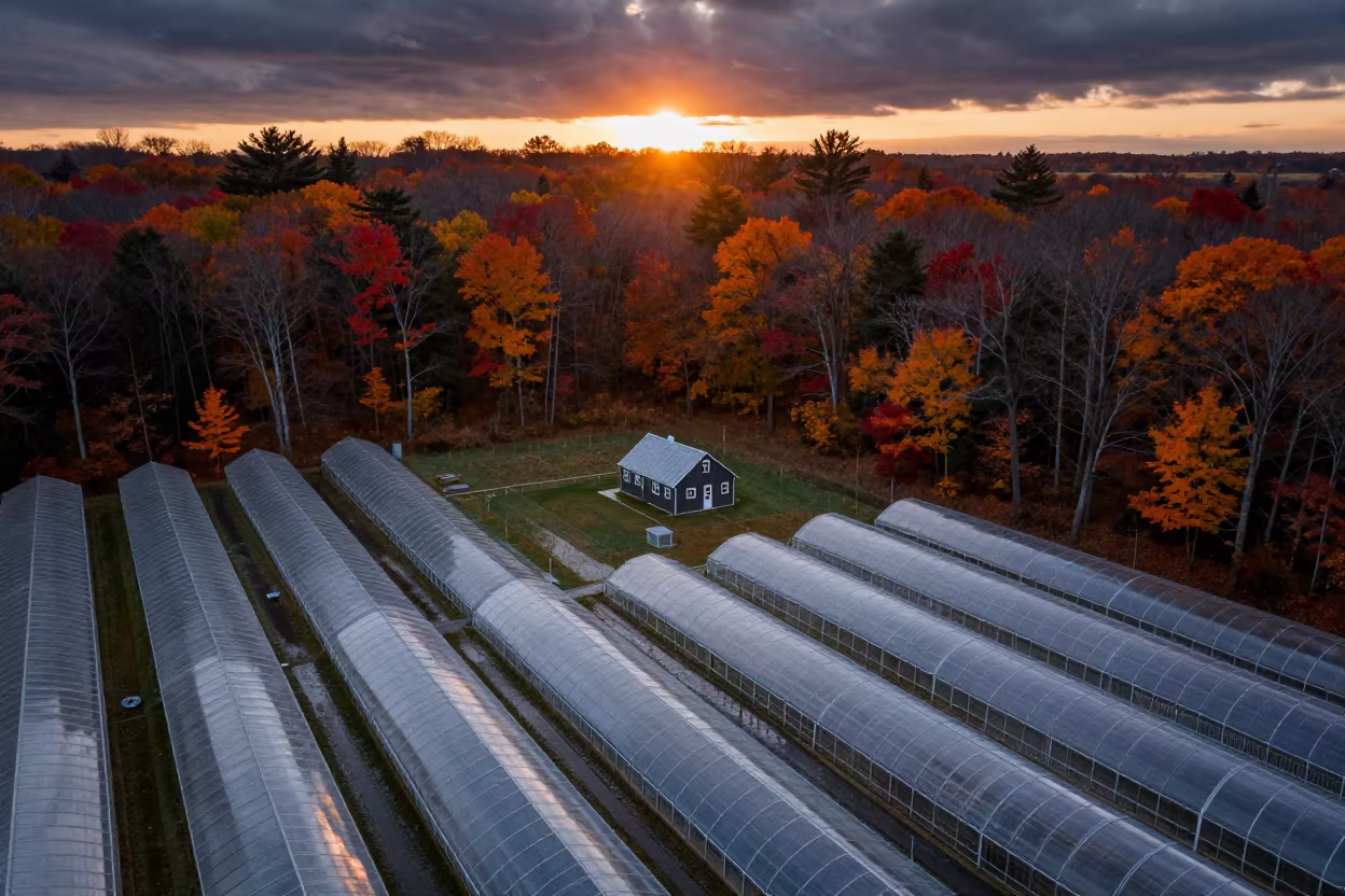 Autumn Cabin Silhouette Over Rhode Island Greenhouse Grids in high over greenhouse grids in Rhode Island