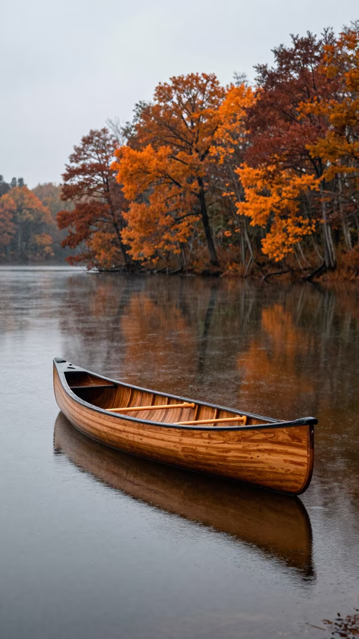 Autumn Canoe Reflection on Glassy Lake After Rain in near Amarah