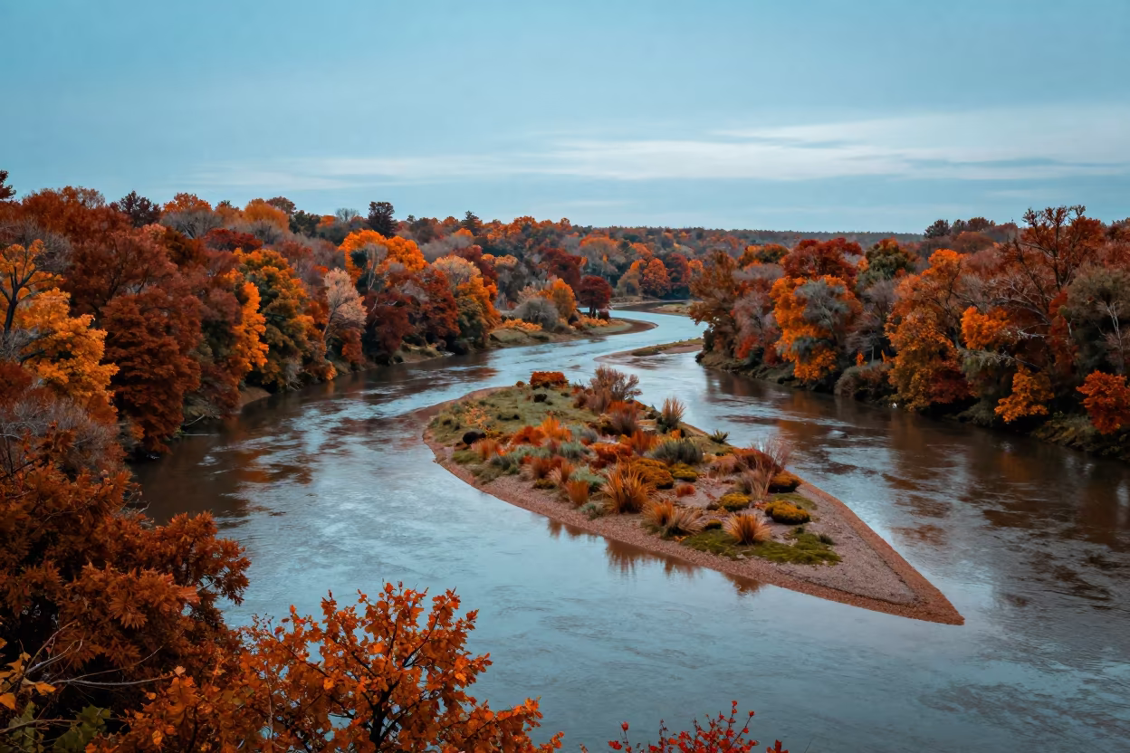 Autumn canopy river bend Sumbawanga valley in across a wide valley floor near Sumbawanga