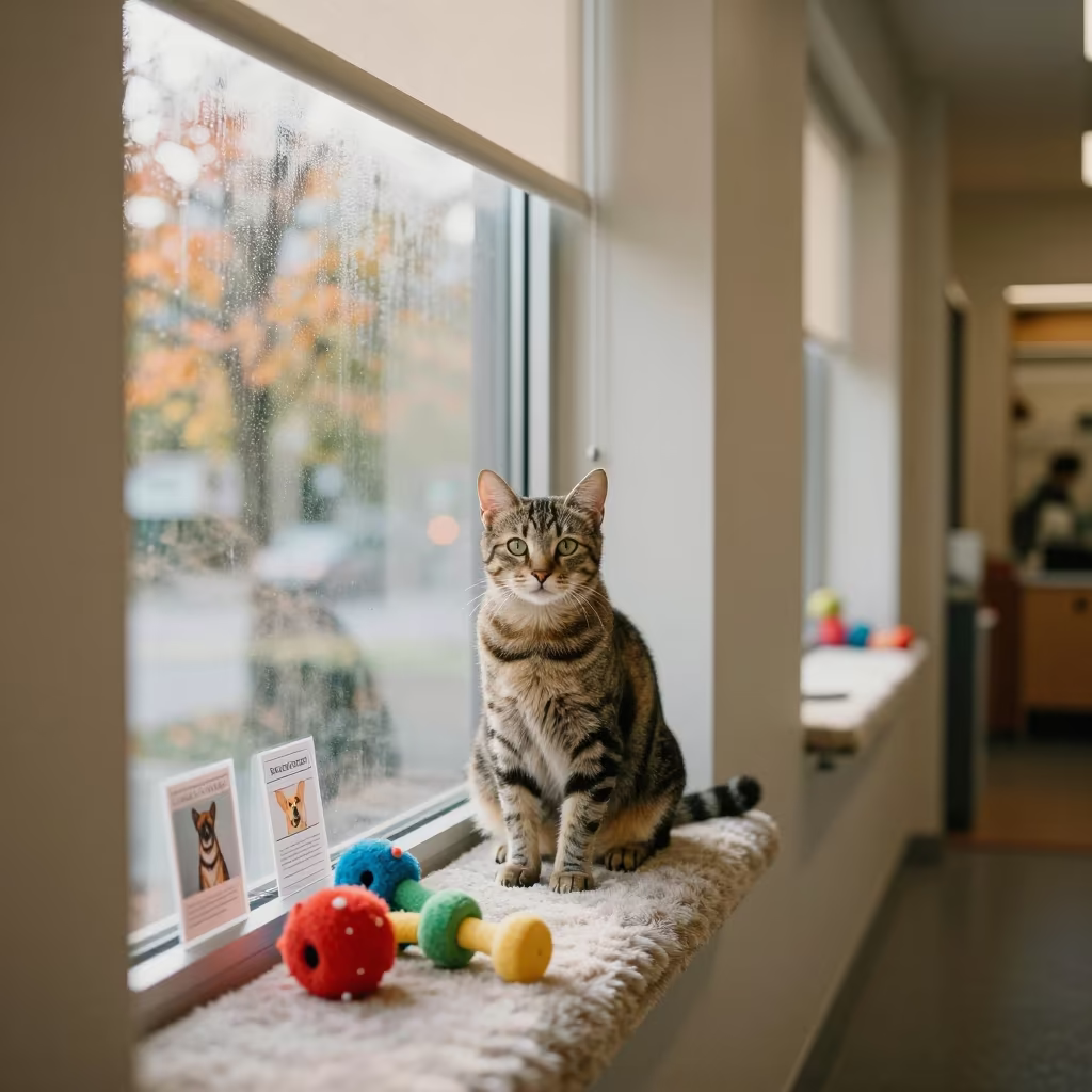 Autumn Cat Lounge Perch with Toys in Vancouver in in a boarding kennel corridor in Vancouver