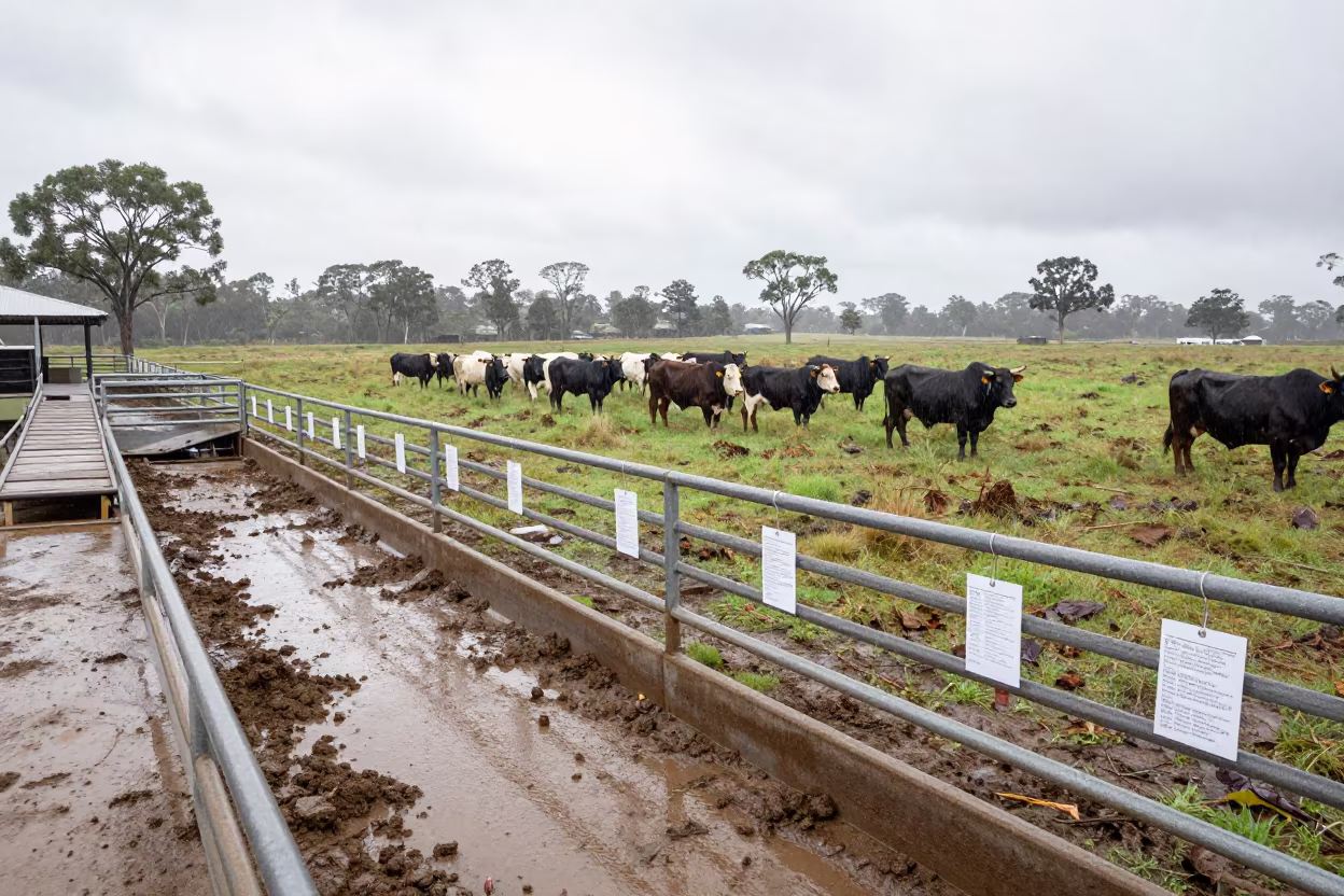 Autumn Cattle Sale Yard Monsoon Rain Victoria in at a stockyard loading ramp in Victoria