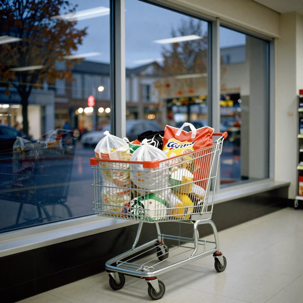 Autumn Checkout Cart Bin Reflections Christchurch in at a checkout lane under flat store light near Christchurch