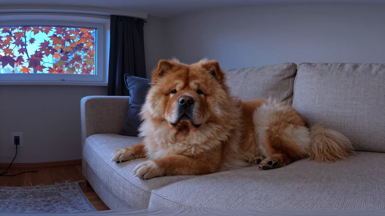 Autumn Chow Chow Resting on Linen Sofa in on a linen sofa with daylight from a nearby window in Kayseri