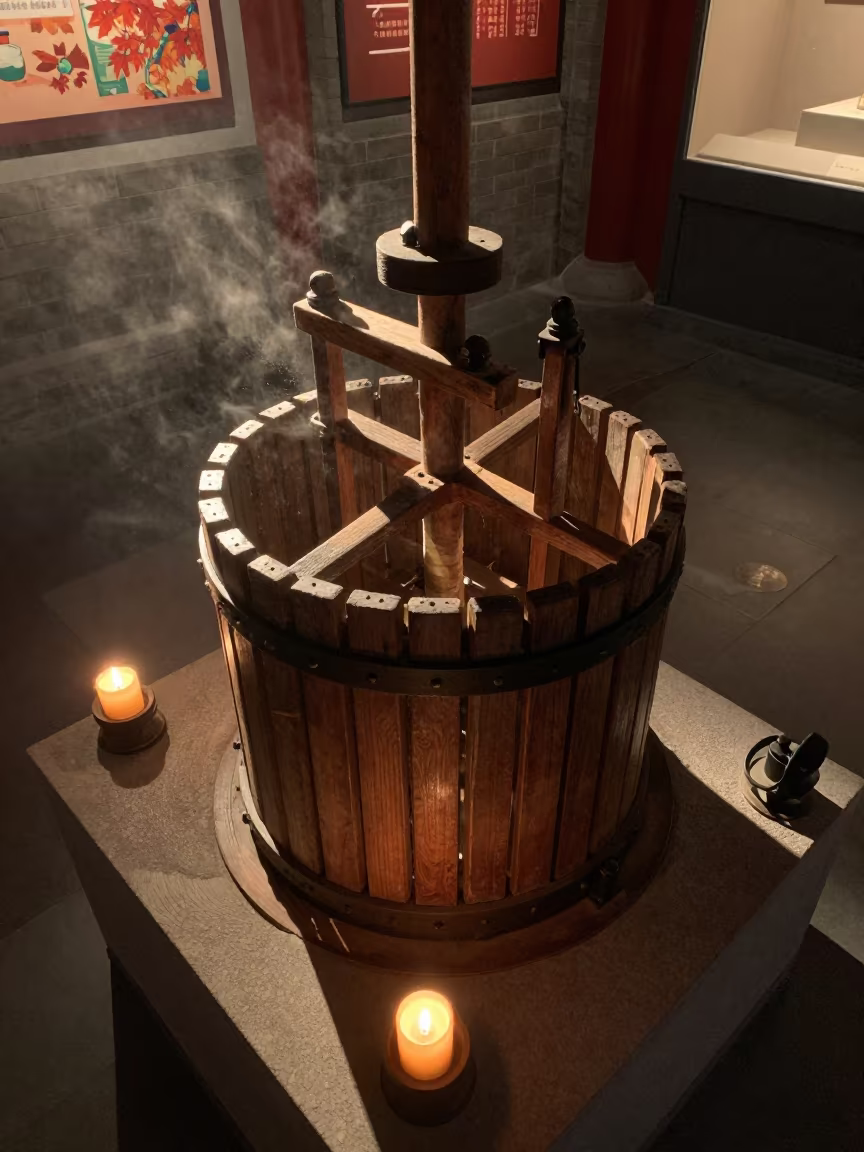 Autumn Cider Press on Museum Plinth in Beijing in on a museum plinth in Beijing