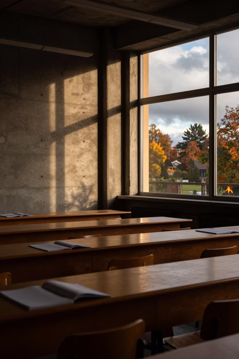 Autumn Classroom Light on Brutalist Concrete in inside a quiet classroom near Kitchener