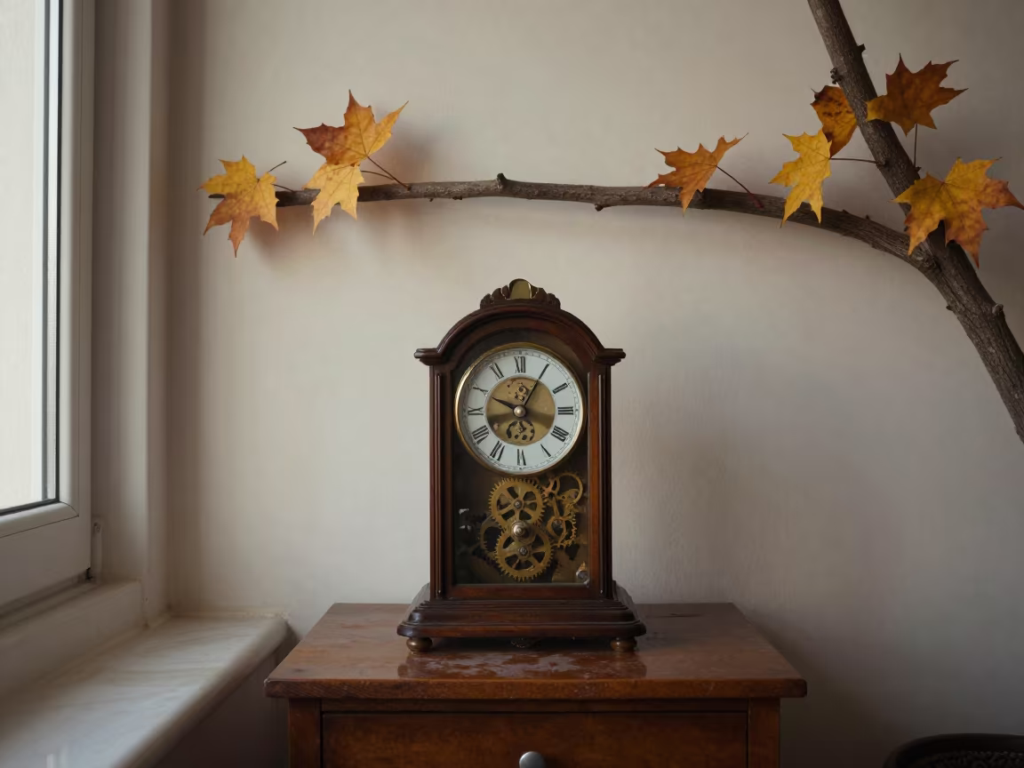 Autumn Clockwork Tree Growing from Wall in Manama in on a bedside table in Manama