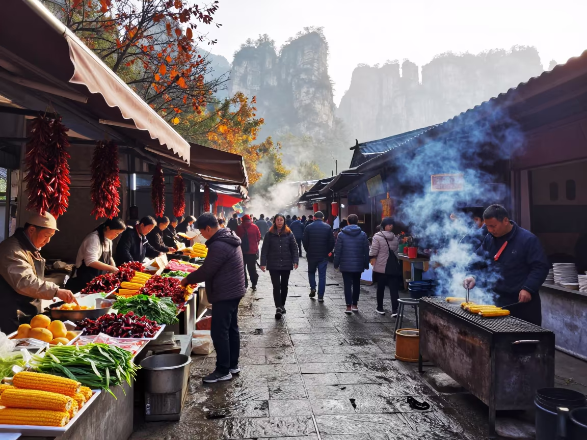 Autumn Corn Vendor Grilling in Zhangjiajie Bazaar in in a covered bazaar aisle in Zhangjiajie