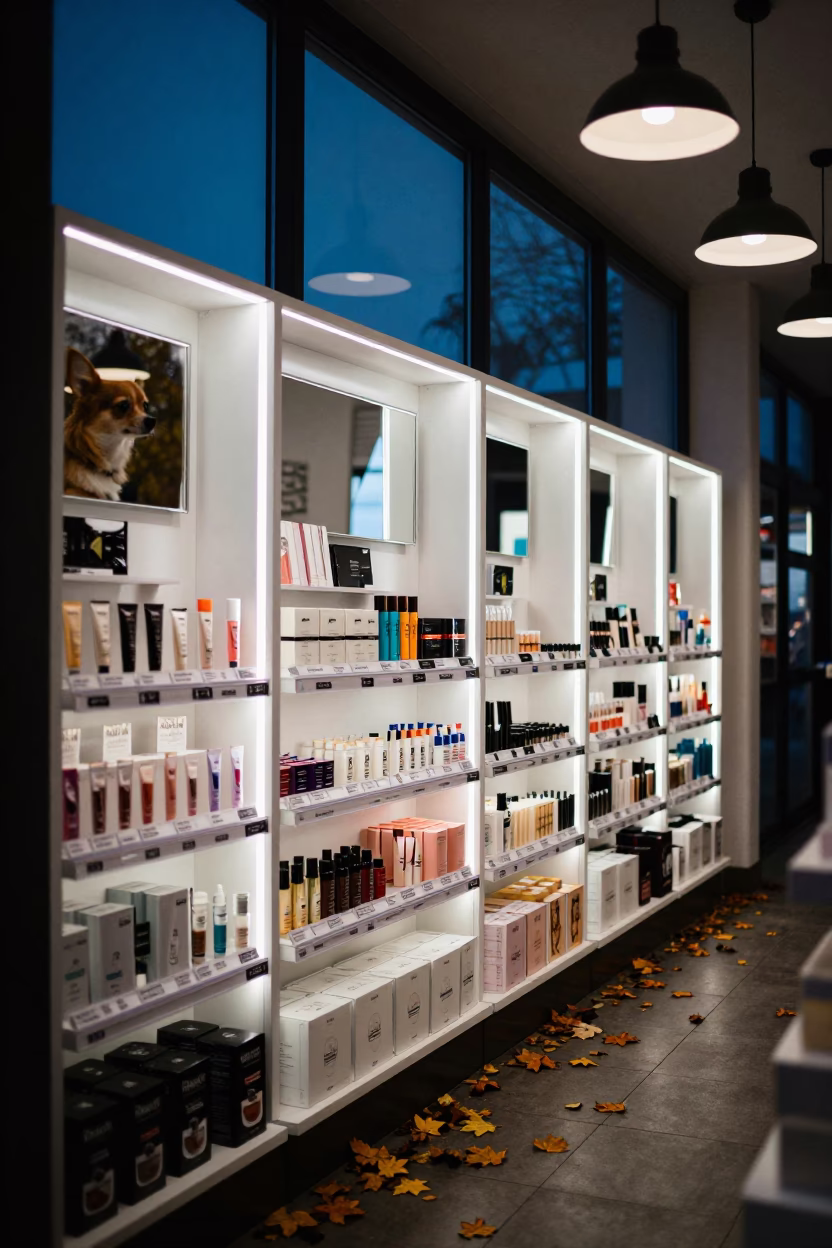Autumn Cosmetics Tester Wall in Chihuahua in inside a storefront prepared for opening in Chihuahua