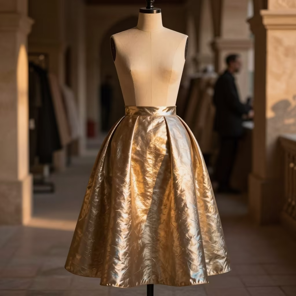 Autumn Couture Overskirt on Dress Form in in a backstage changing corridor in al-Bab