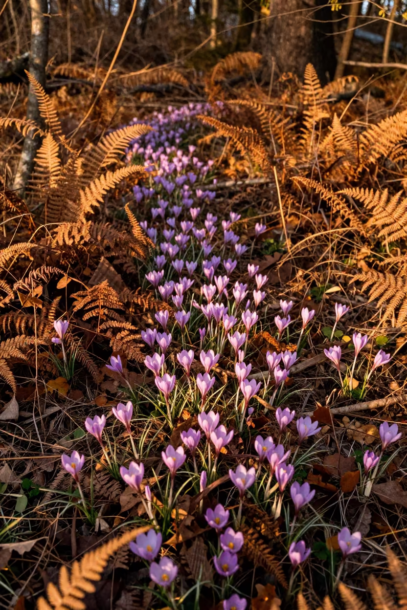 Autumn Crocus Blooms in Austrian Forest at Sunset in on a fern-lined forest floor in Austria