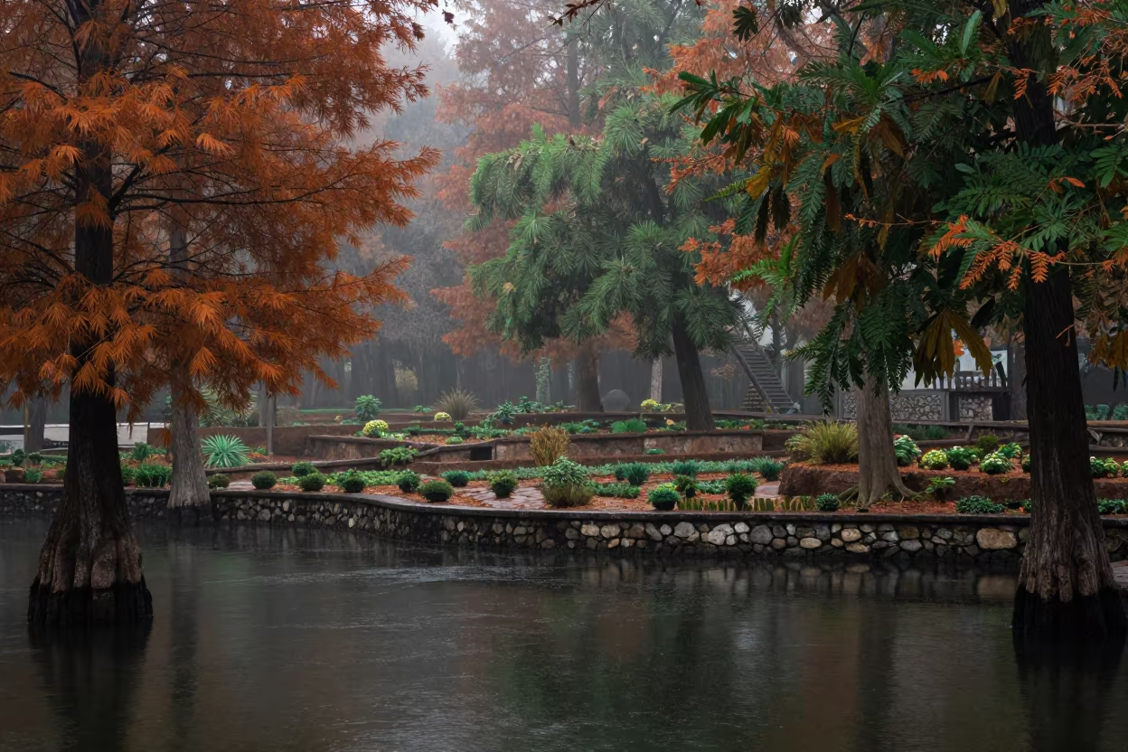 Autumn Cypress Knees in Misty Diyarbakır Garden in among terraced garden plots near Diyarbakır