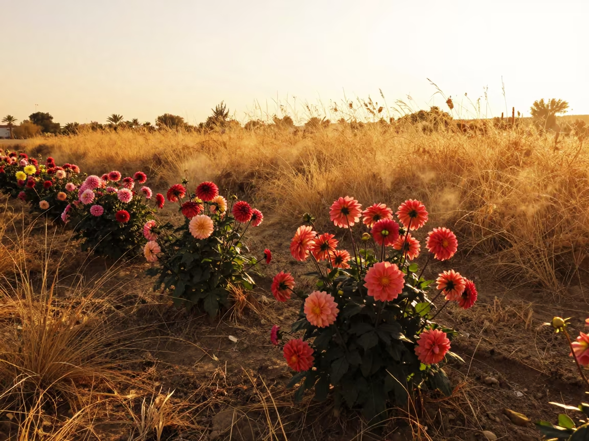 Autumn Dahlia Garden Sunset Near Cairo in in a bloom-heavy meadow near Cairo