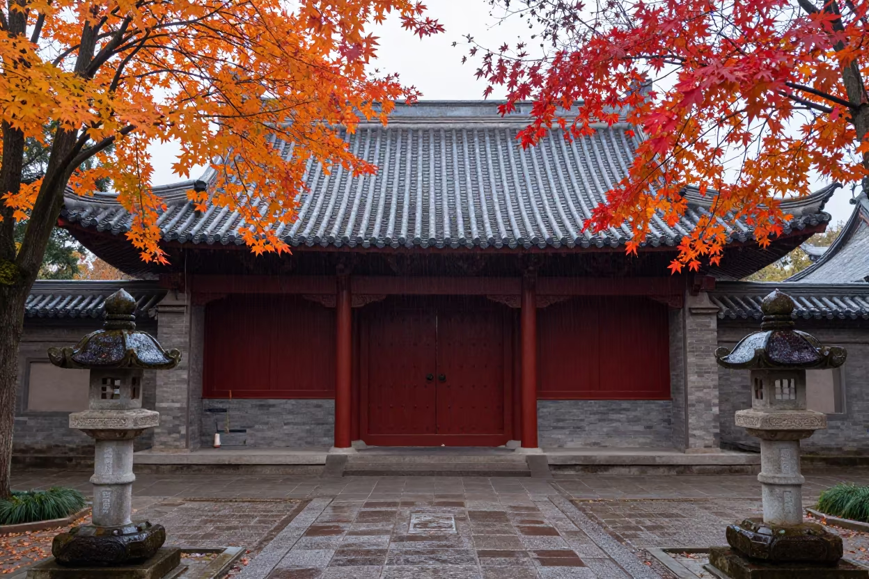Autumn Dawn at Buddhist Temple Courtyard in in a temple courtyard near Rennes